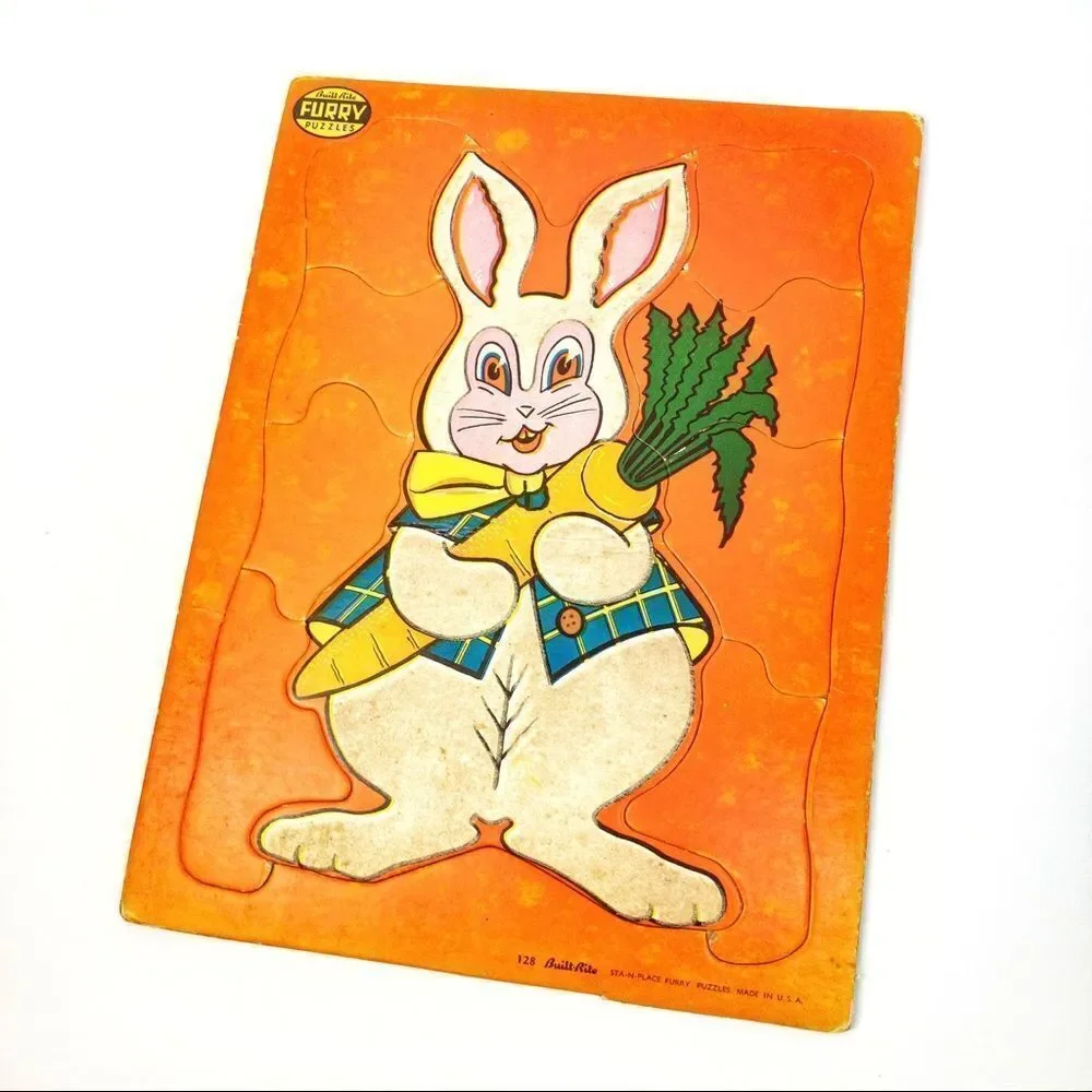 2 Built Rite Fuzzy, Furry Puzzles - Bunny/Bear, 1950’s Vintage
